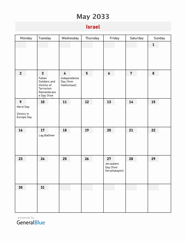 Israel May 2033 Calendar with Holidays