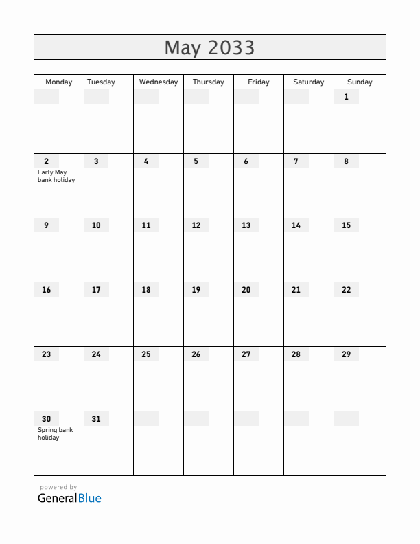 Isle of Man May 2033 Calendar with Holidays