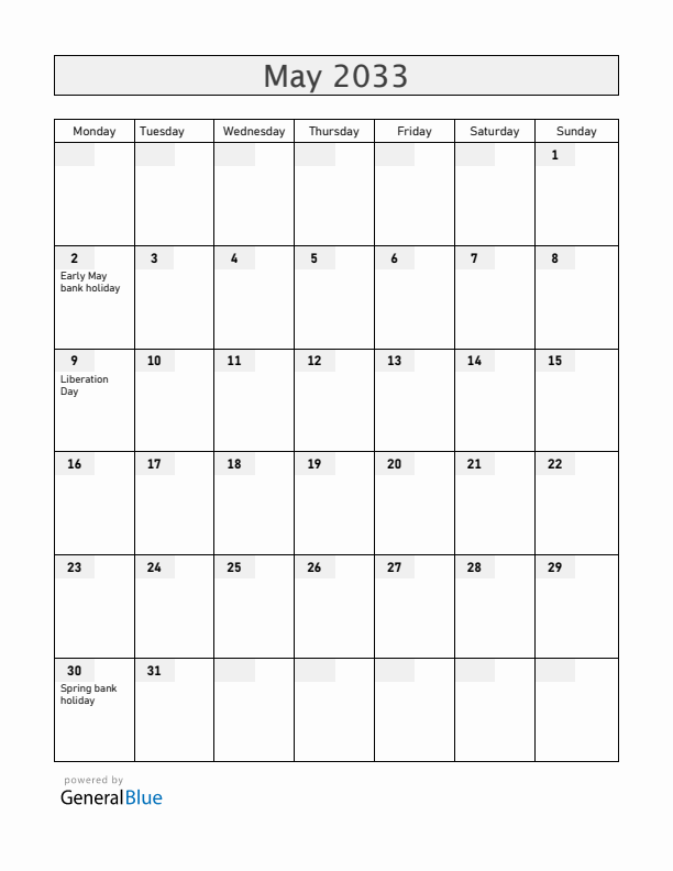 Jersey May 2033 Calendar with Holidays