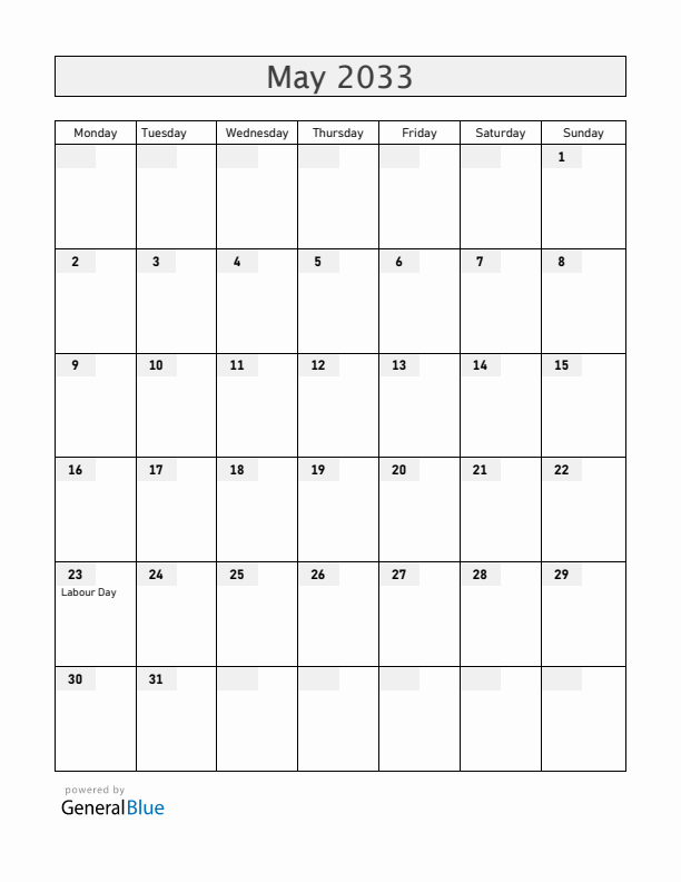 Jamaica May 2033 Calendar with Holidays