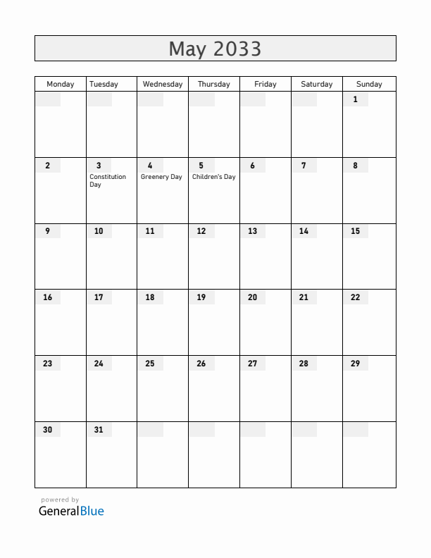 Japan May 2033 Calendar with Holidays