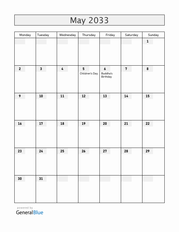 South Korea May 2033 Calendar with Holidays