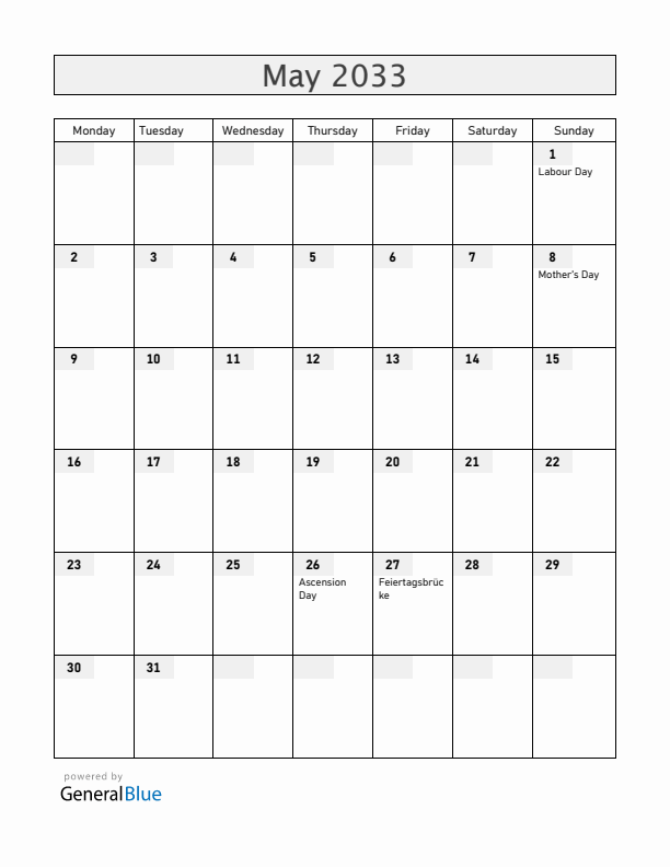 Liechtenstein May 2033 Calendar with Holidays