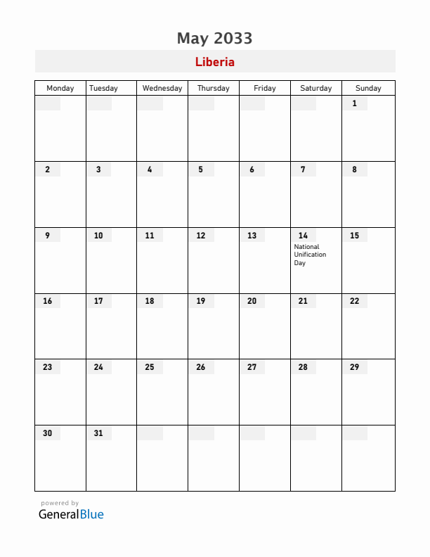 Liberia May 2033 Calendar with Holidays