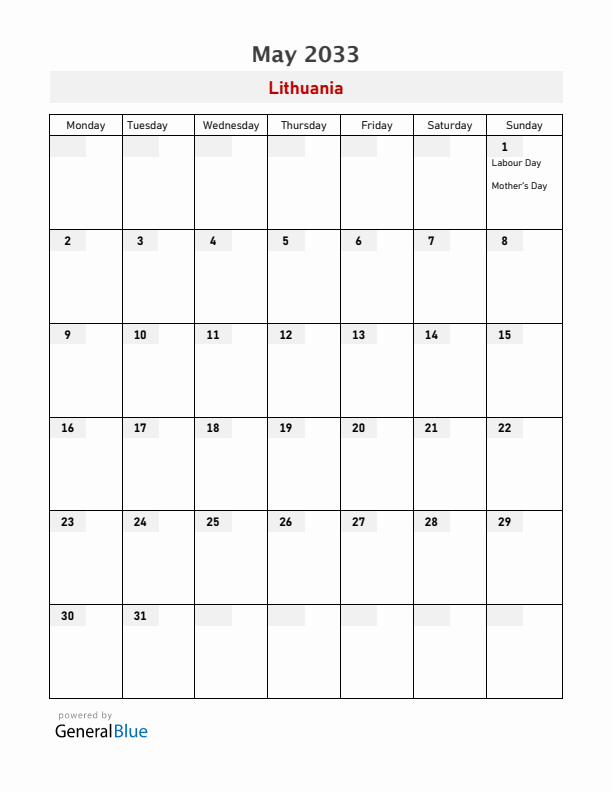 Lithuania May 2033 Calendar with Holidays