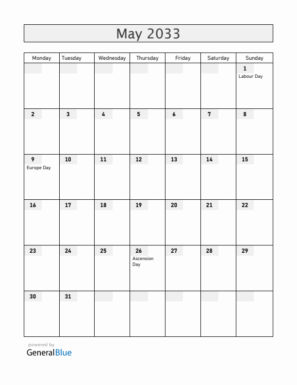 Luxembourg May 2033 Calendar with Holidays