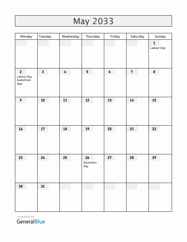 Monaco May 2033 Calendar with Holidays