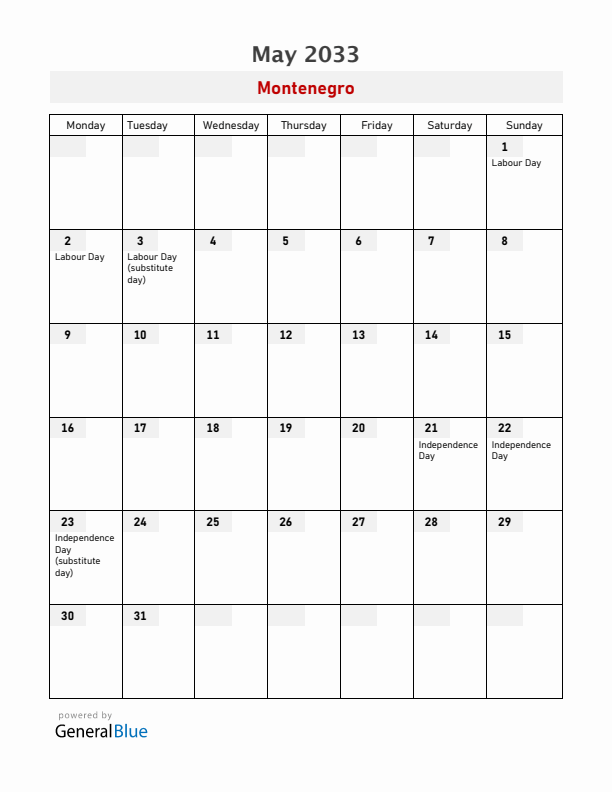 Montenegro May 2033 Calendar with Holidays
