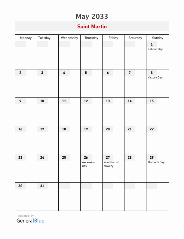 Saint Martin May 2033 Calendar with Holidays