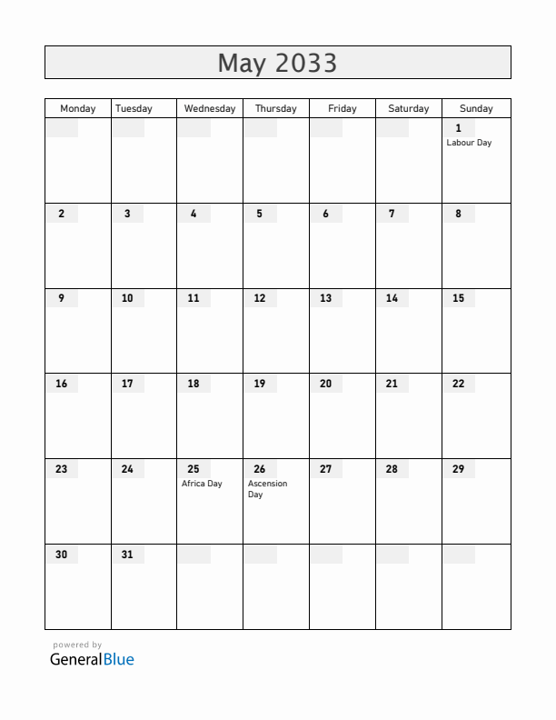Madagascar May 2033 Calendar with Holidays