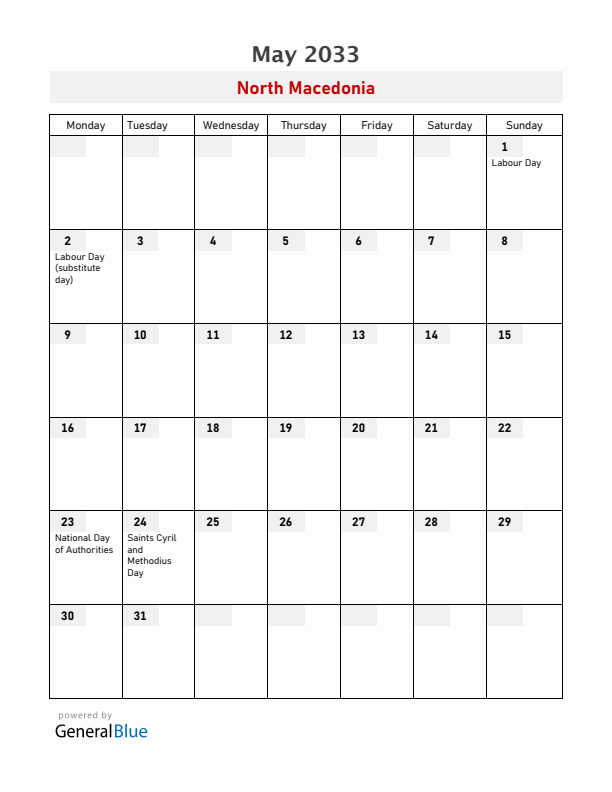 North Macedonia May 2033 Calendar with Holidays