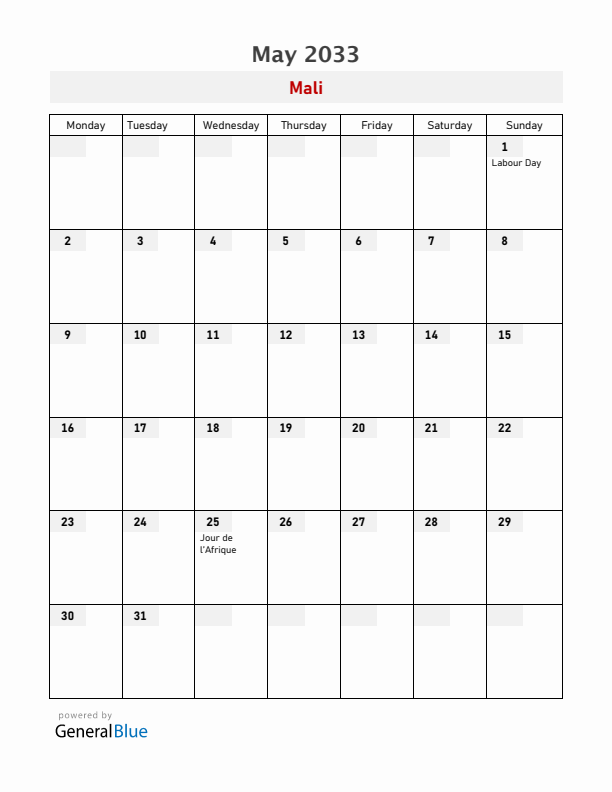 Mali May 2033 Calendar with Holidays
