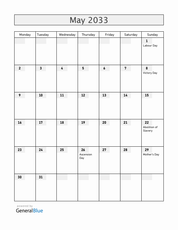 Martinique May 2033 Calendar with Holidays