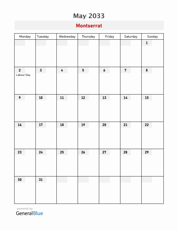 Montserrat May 2033 Calendar with Holidays