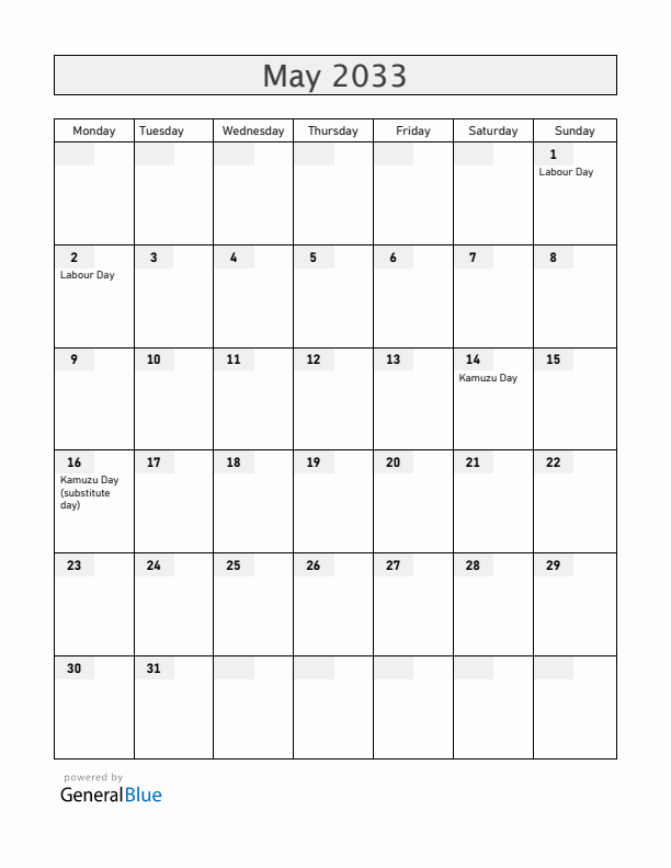 Malawi May 2033 Calendar with Holidays