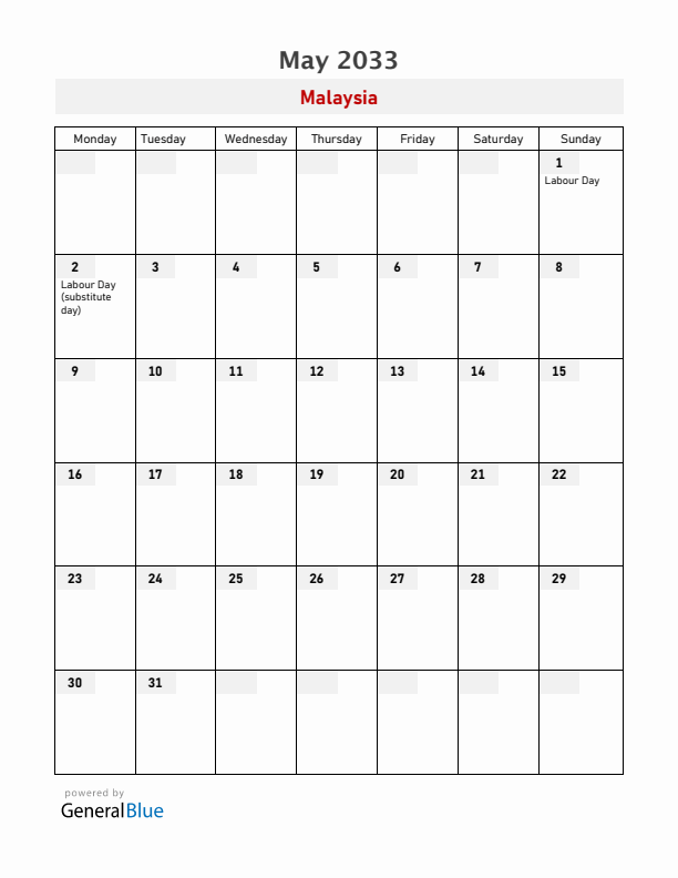 Malaysia May 2033 Calendar with Holidays