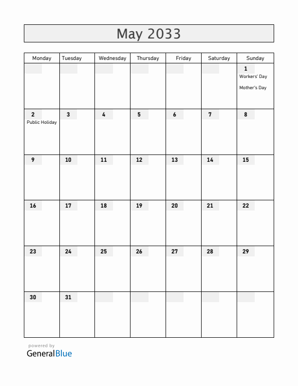 Mozambique May 2033 Calendar with Holidays
