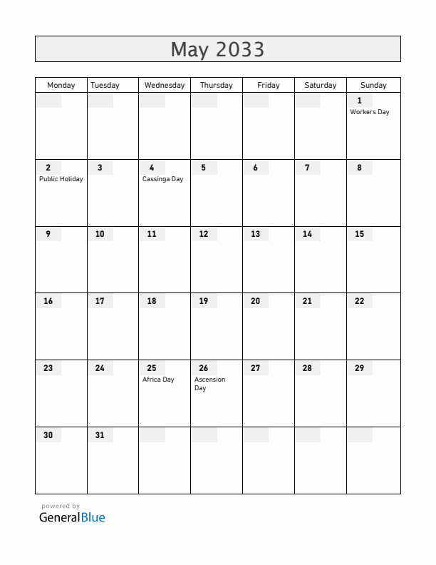 Namibia May 2033 Calendar with Holidays