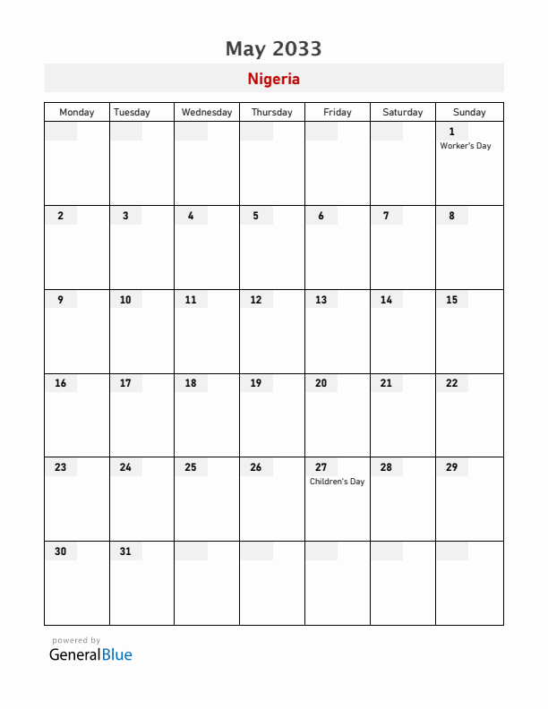Nigeria May 2033 Calendar with Holidays