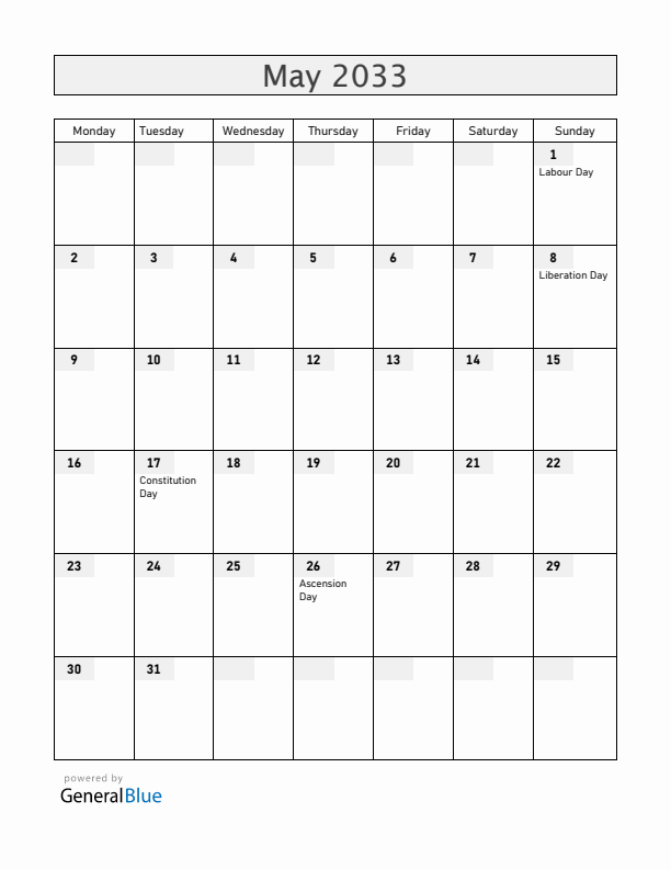 Norway May 2033 Calendar with Holidays