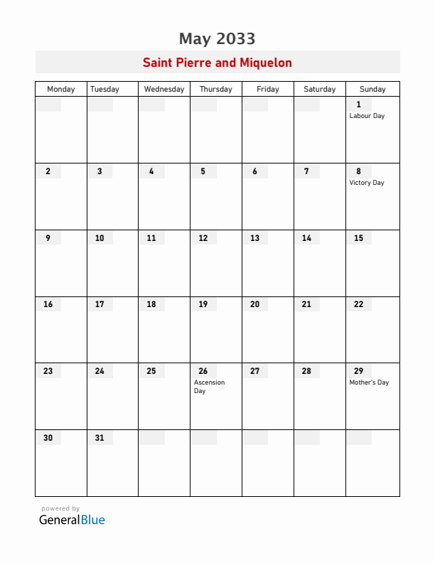 Saint Pierre and Miquelon May 2033 Calendar with Holidays