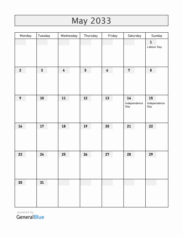 Paraguay May 2033 Calendar with Holidays