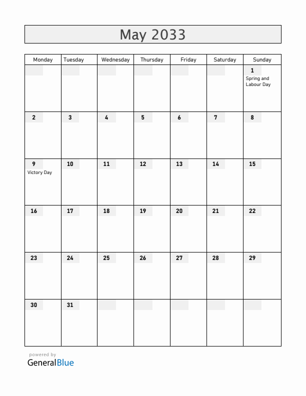 Russia May 2033 Calendar with Holidays