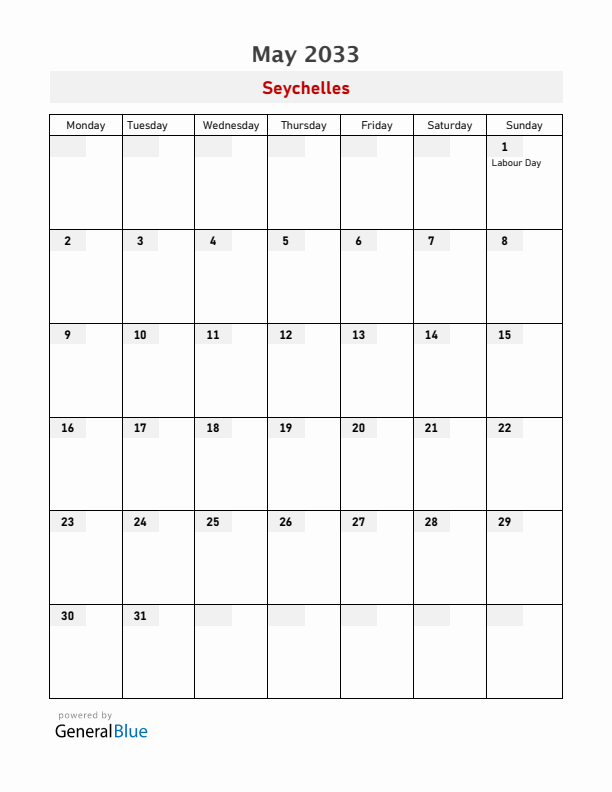 Seychelles May 2033 Calendar with Holidays
