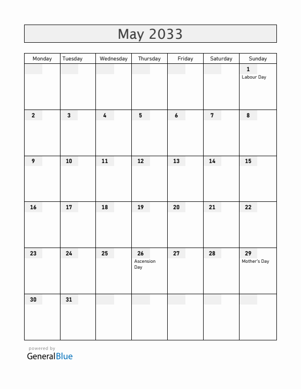 Sweden May 2033 Calendar with Holidays