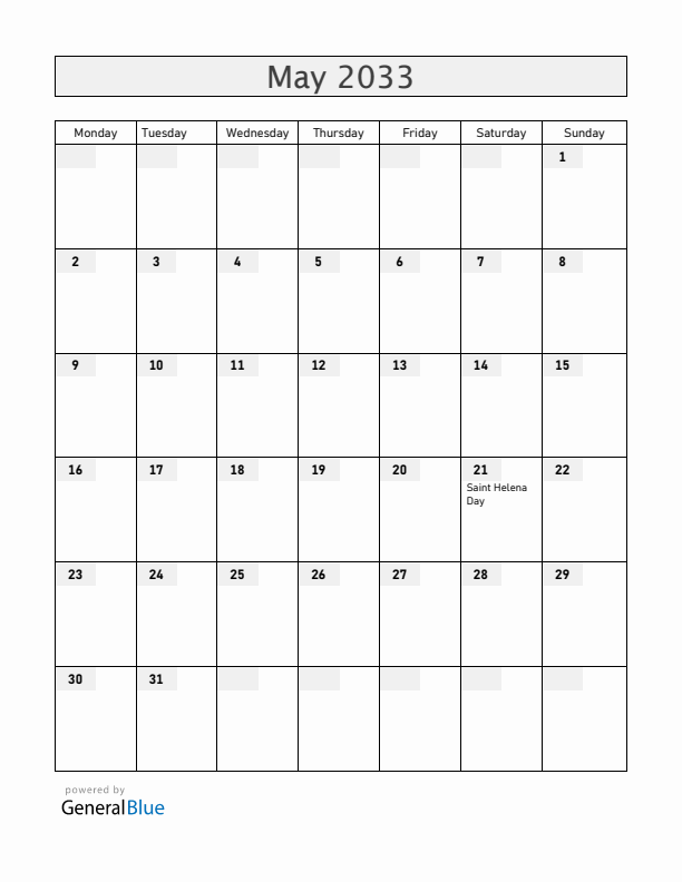 Saint Helena May 2033 Calendar with Holidays