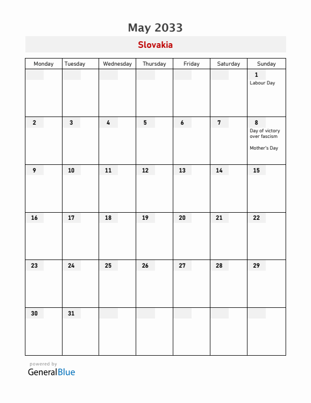 Slovakia May 2033 Calendar with Holidays