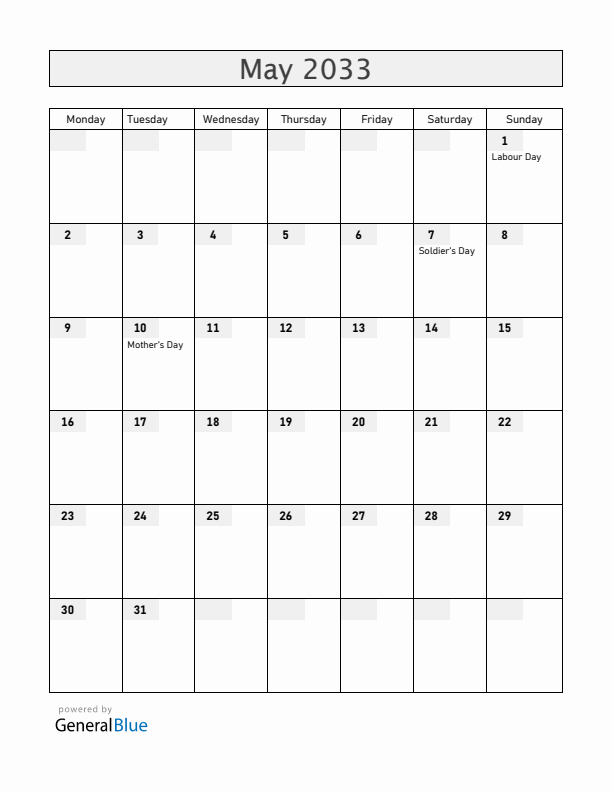 El Salvador May 2033 Calendar with Holidays
