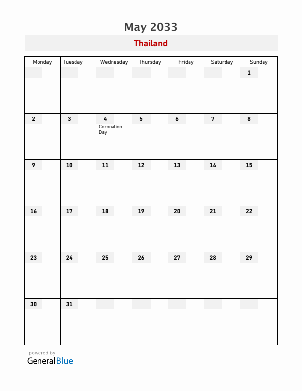 Thailand May 2033 Calendar with Holidays