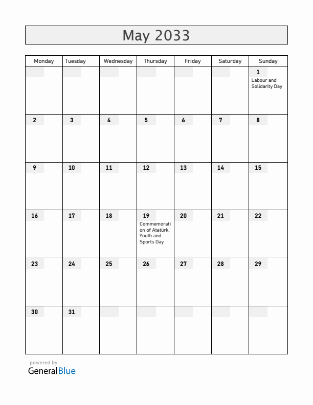 Turkey May 2033 Calendar with Holidays