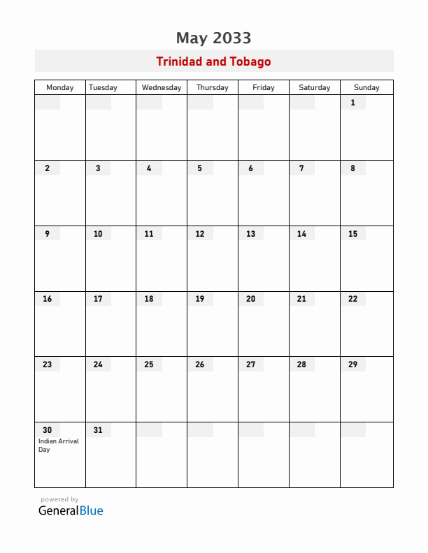 Trinidad and Tobago May 2033 Calendar with Holidays
