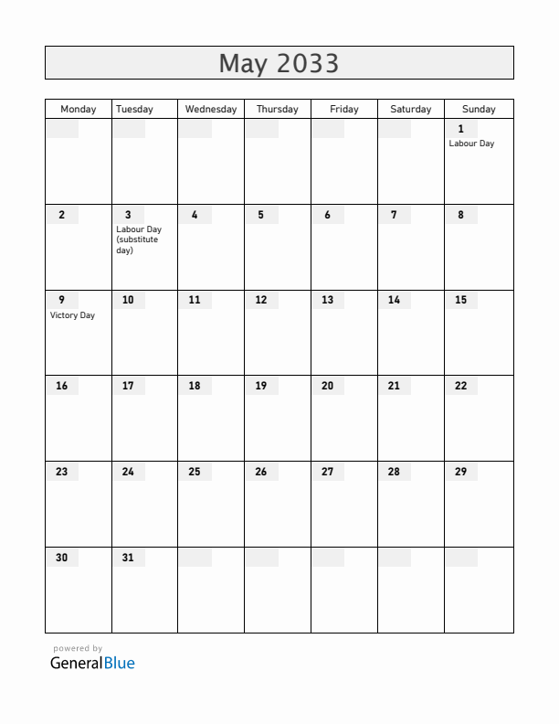 Ukraine May 2033 Calendar with Holidays