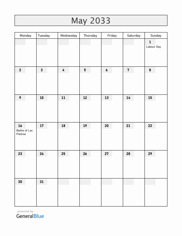 Uruguay May 2033 Calendar with Holidays