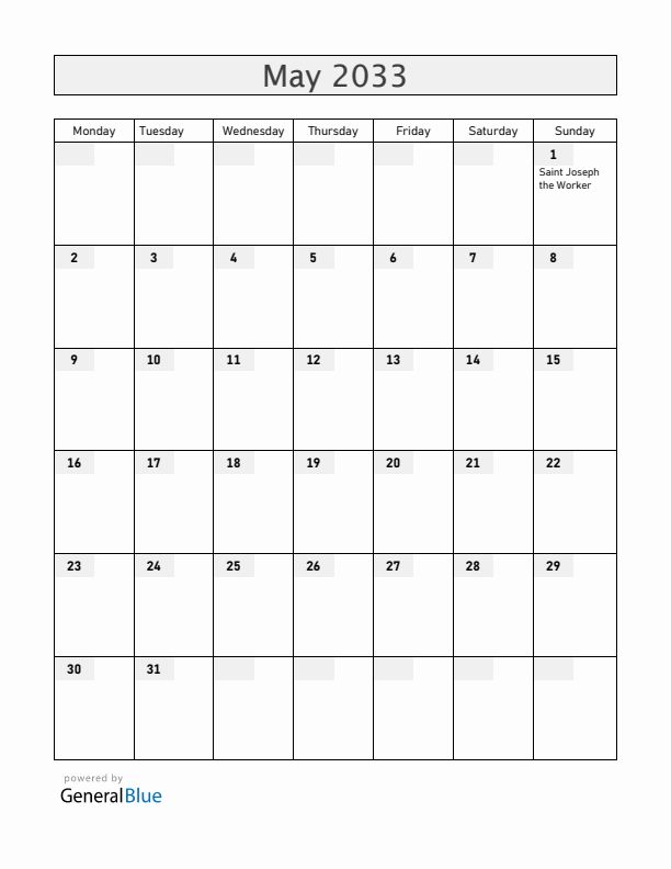 Vatican May 2033 Calendar with Holidays