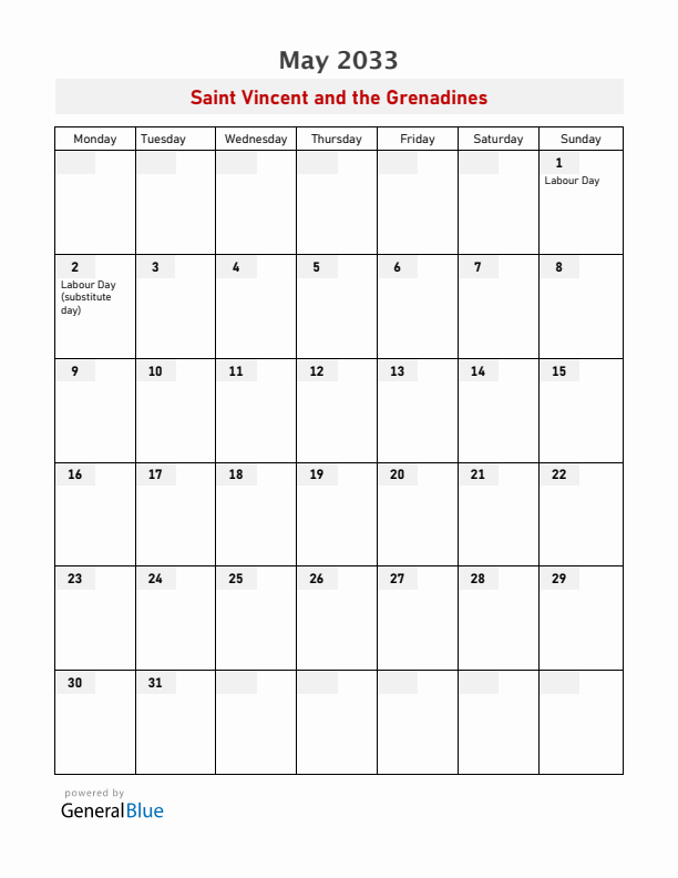 Saint Vincent and the Grenadines May 2033 Calendar with Holidays