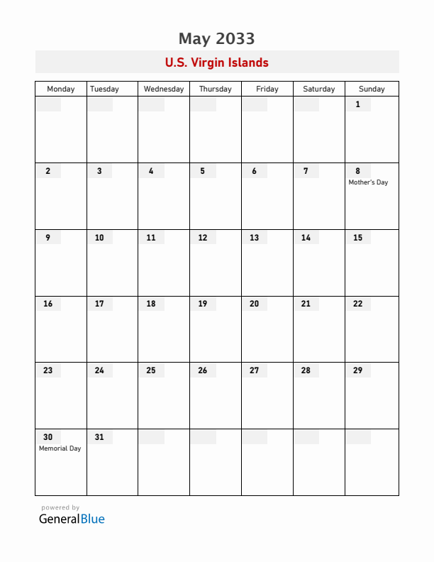 U.S. Virgin Islands May 2033 Calendar with Holidays