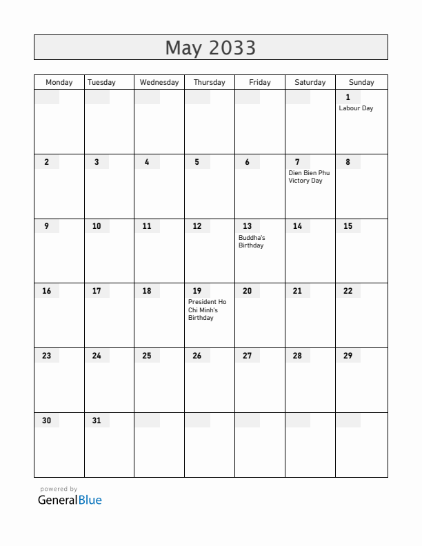 Vietnam May 2033 Calendar with Holidays