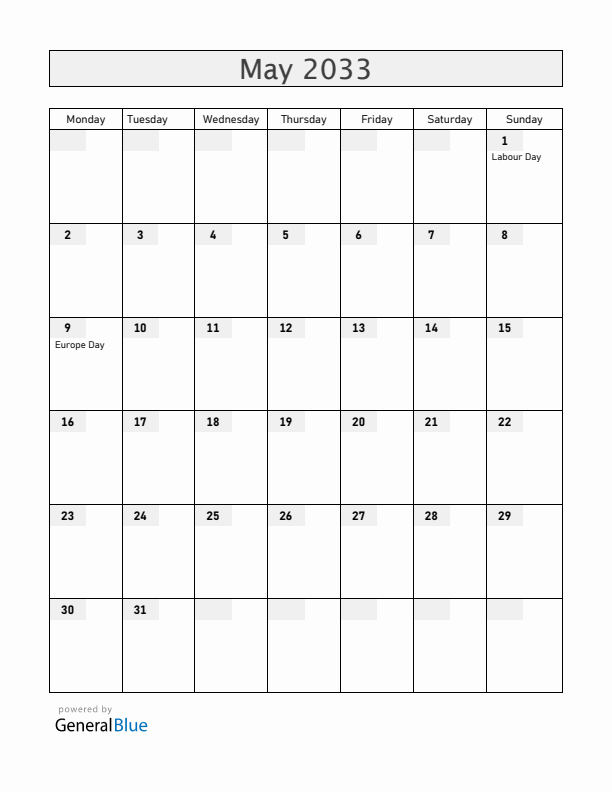 Kosovo May 2033 Calendar with Holidays