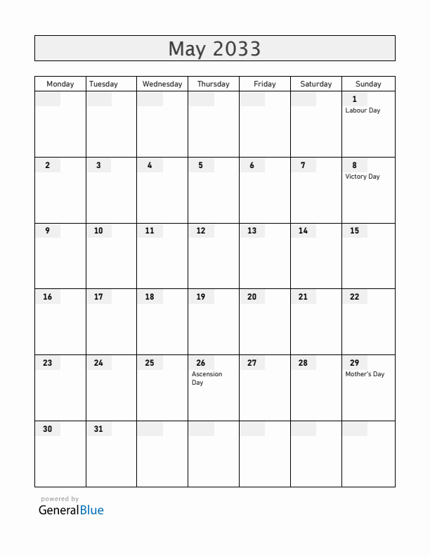 Mayotte May 2033 Calendar with Holidays