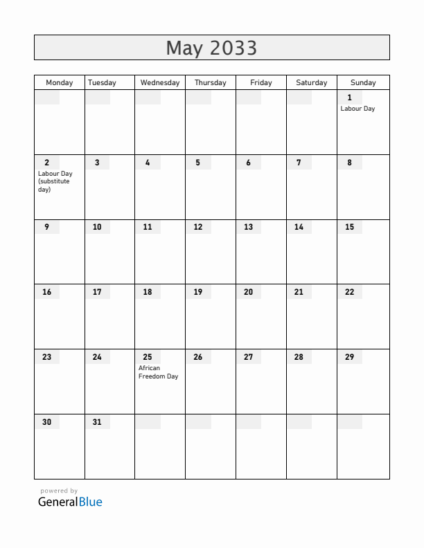 Zambia May 2033 Calendar with Holidays