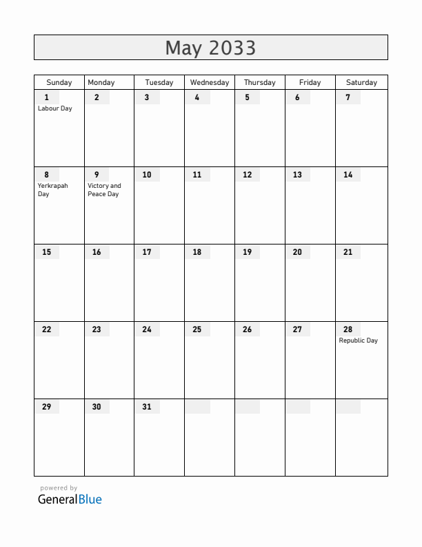 Armenia May 2033 Calendar with Holidays