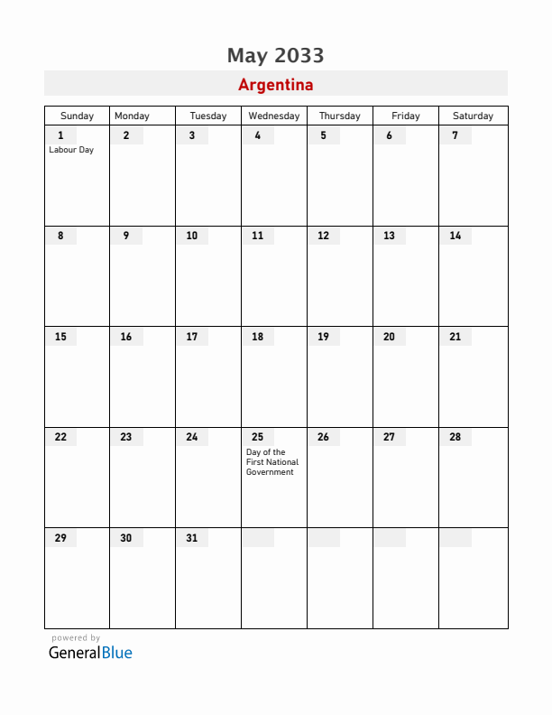Argentina May 2033 Calendar with Holidays