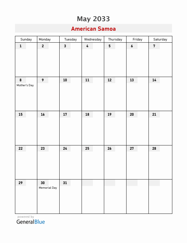 American Samoa May 2033 Calendar with Holidays