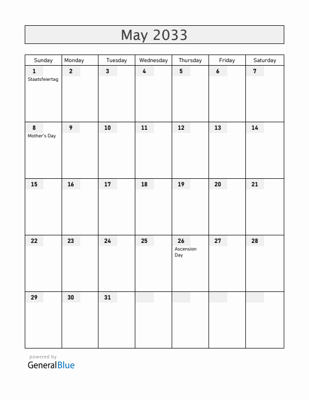 Austria May 2033 Calendar with Holidays