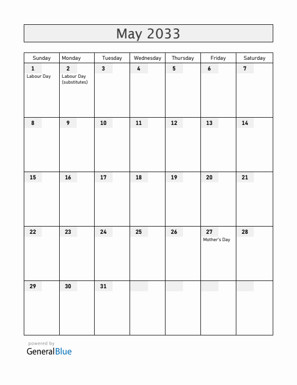 Bolivia May 2033 Calendar with Holidays