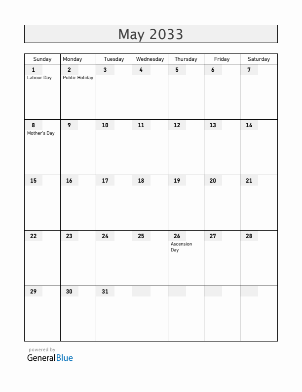 Botswana May 2033 Calendar with Holidays